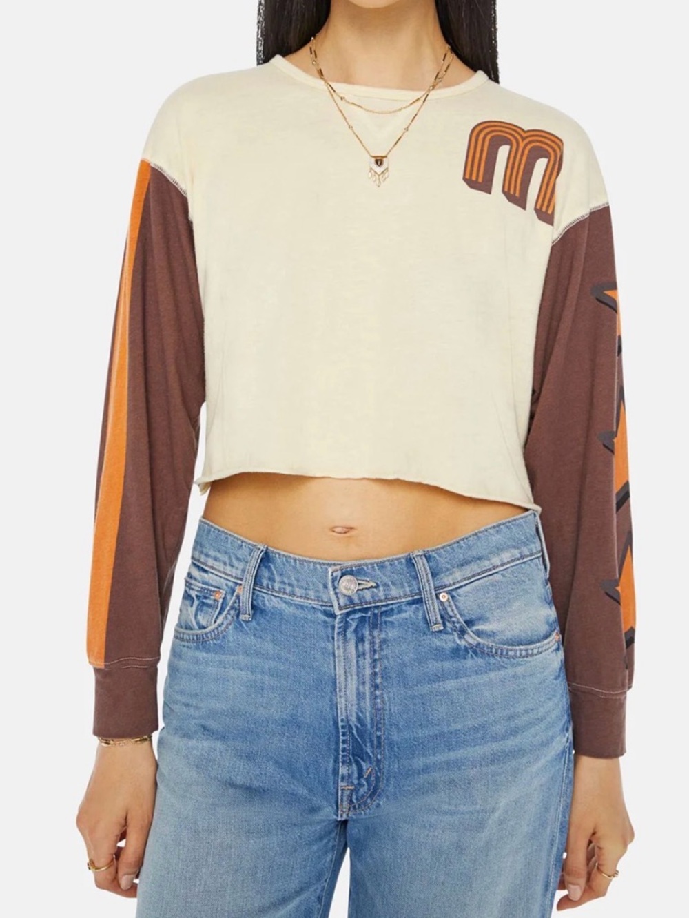 Mother THE DUGOUT SCOOP CROP STAR 62 Cropped Tee T-Shirt Long Sleeve Small S